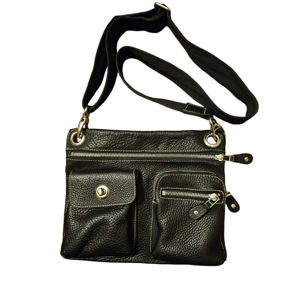 Vintage Roots Village Tribe Black Pebbled Leather Pocket Messenger/Crossbody Bag